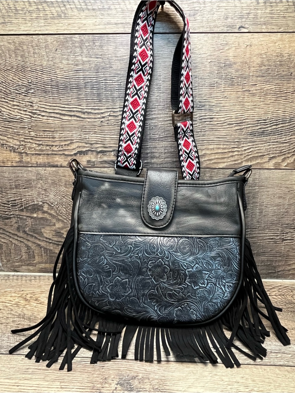Black Floral Tooled Fringe Crossbody Bag with Patterned Strap